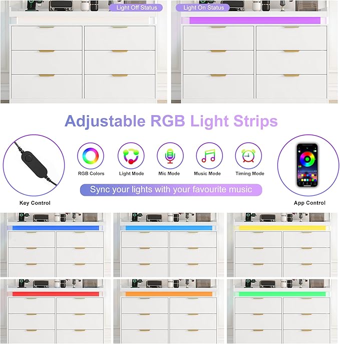 6 Drawer Dresser for Bedroom, White Dresser with LED Lights and Power Outlet, Wooden Dressers Chests of Drawers, Double Wide Dressers for Bedroom, Entryway, Hallway
