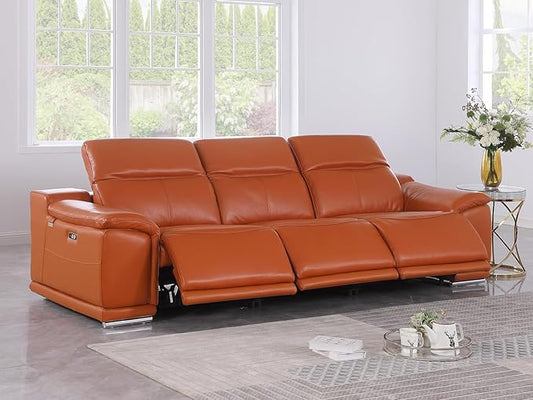 BlackJack Furniture Venice Top Grain Italian Leather Power Recline 3 Piece Sofa - 107" Theater Seating Modern Couch for Living Room Apartment Lounge Home with Adjustable Headrests & USB Port, Camel
