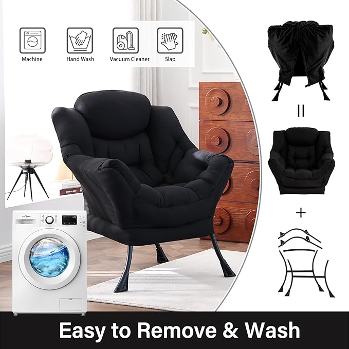 Lazy Chair, Large Accent Chair, Modern Comfy Armchair, Black Chair for Living Room Bedroom Dorm Room Office Apartment Reading Relaxing Use