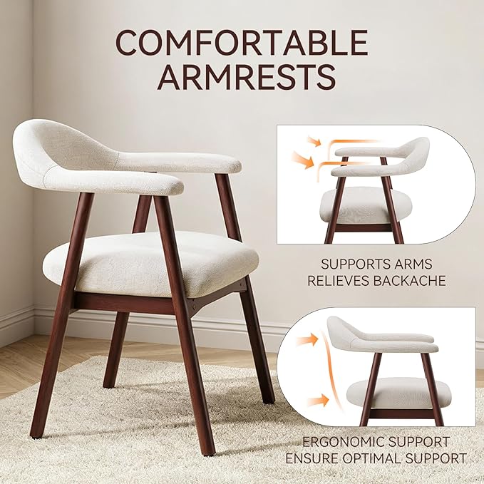 Wooden Dining Chair with Armrest Set of 2, Modern Fabric Upholstered Dining Room Chair with Curved Back and Wood Legs,Comfortable Accent Chairs for Kitchen Dining Room,Beige