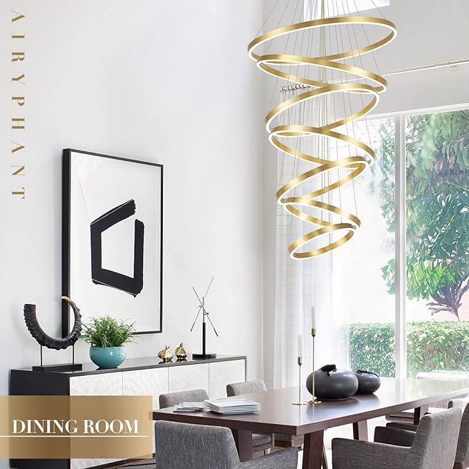 High Ceiling Brushed Gold Ring Chandeliers 7-Ring LED Chandelier Dimmable Modern LED Chandeliers 31" Large Foyer Chandelier Entryway Living Room Staircase, 3000K-6500K
