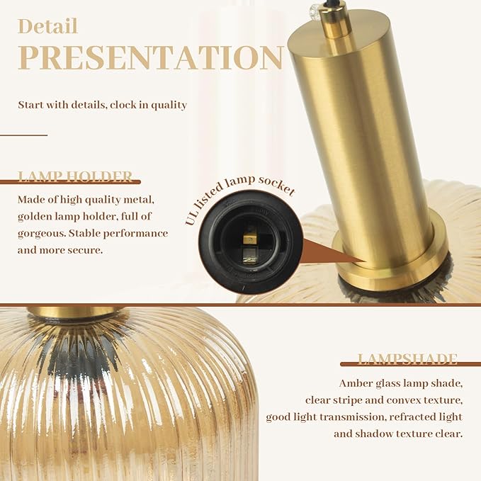 Amber Glass Pendant Light, Mid Century Modern Pendant Lights Kitchen Island, Vintage Gold 1-Light Ceiling Hanging Light Fixtures for Dining Room Bedroom Hallway Bar