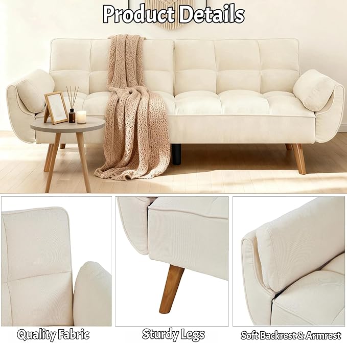 Convertible Futon Sofa Bed, Modern Futon Couch with 2 Pillows, Small Futons Couch with Adjustable Armrest & Backrest, Loveseat Sofa Bed for Living Room, Bedroom, Beige