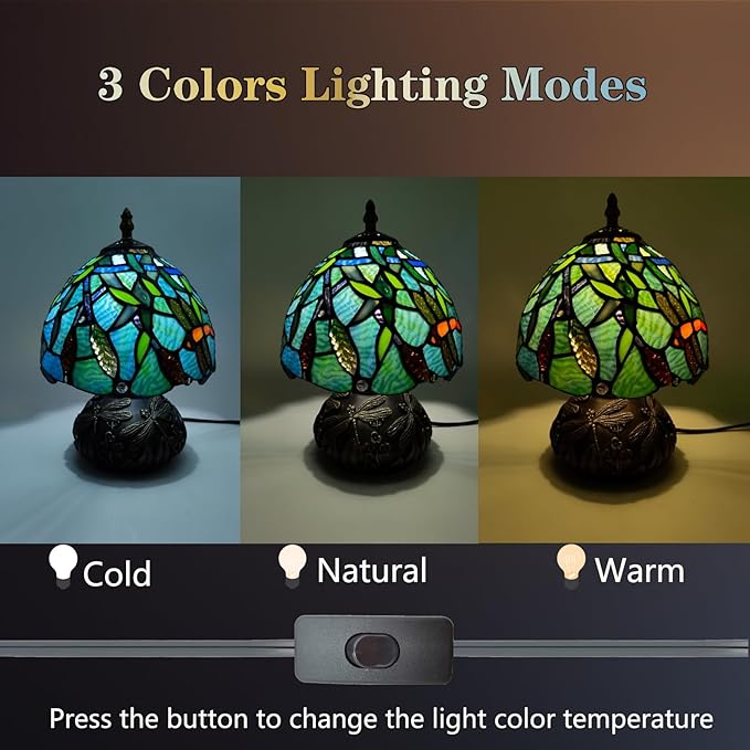 JHuiLap Small Tiffany Stained Glass Lamp, 3 Color Temperatures Bedside Lamp, 8 Inch Mushroom Desk Light for Bedroom Living Room Office Home Decor (Wheat Pattern)