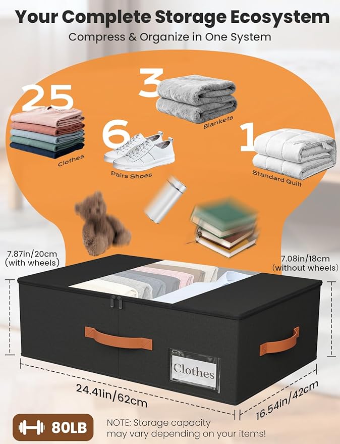 TOSKING 2-Pack Under Bed Storage Bins with Wheels and 4 Vacuum Seal Bags, Heavy Duty 80lbs Capacity, 7.9 Inch Clear Lid Organizer for Dorm Bedroom Clothes Shoes Toys, Quick Assembly Space Saver Black