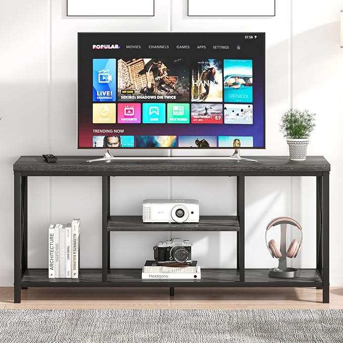FOLUBAN Modern TV Stand for TV up to 65 Inch, Rustic Wood Entertainment Center with Storage Shelves, Industrial Media TV Console and TV Table for Living Room Bedroom, 55 Inch Dark Gray