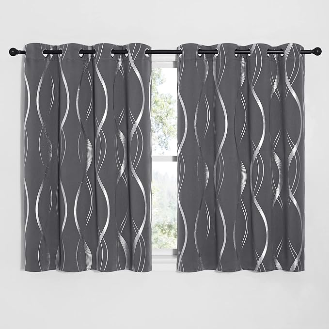 NICETOWN Blackout Short Curtains Panels for Bedroom, Microfiber Noise Reducing Thermal Insulated Wave Line Foil Print Design Blackout Curtains for Office, Classroom (2 Panels, 52 x 54 Inch, Gray)
