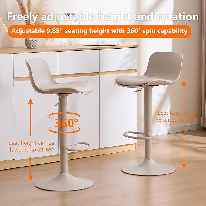 Kidol & Shellder Bar Stools Set of 2 Cream Adjustable Swivel Counter Height Stools, Modern PU Leather Upholstered with Back Solid Color Barstools for Kitchen Island