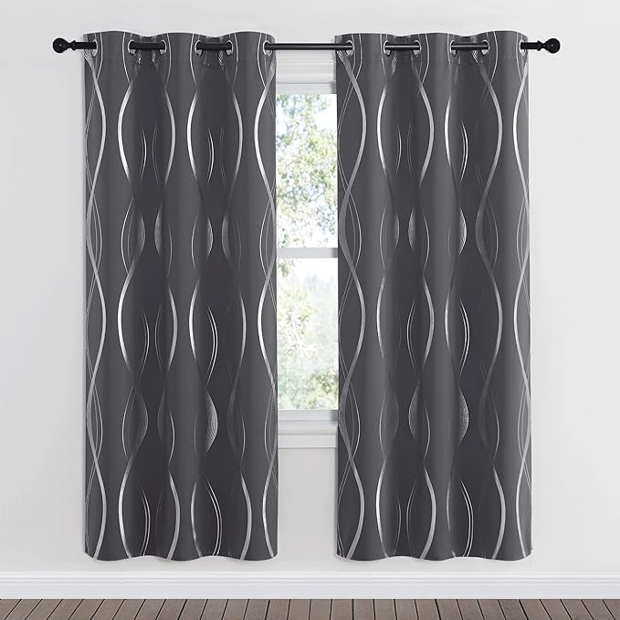 NICETOWN Blackout Curtains Panels for Bedroom, 2 Panels, 34 x 72 Inch, Gray, Microfiber Noise Reducing Thermal Insulated Wave Line Foil Print Design Blackout Curtains for Patio Sliding Glass Door