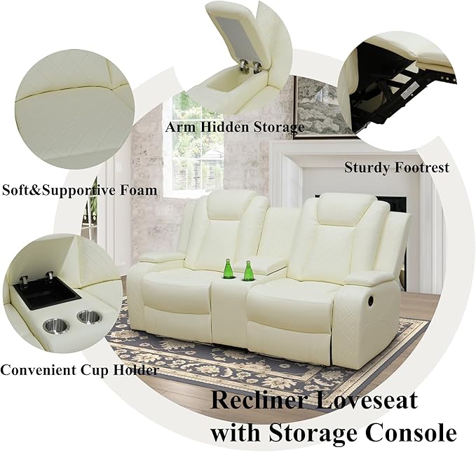 Power Recliner Sofa Set for Living Room, Breathing Leather Reclining Sofa Set with LED/USB Port/Cup Holders/Storage, 3 Piece Living Room Furniture Home Theater Seating Couches (Cream White)