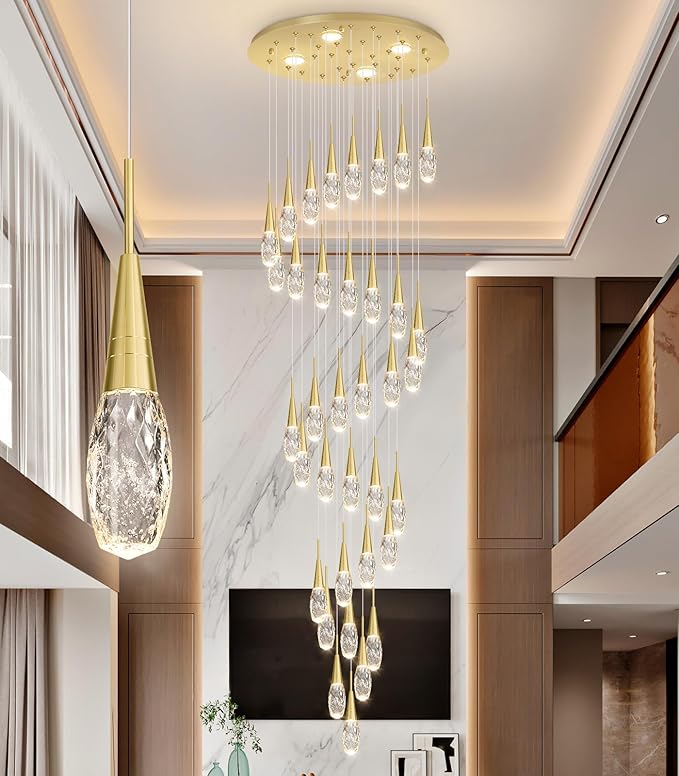 36-Lights 197 Inches Large Modern Chandelier LED Light Fixtures High Ceiling Long Light Chandelier for Entrance Foyer Dimmable Lights with Remote Living Room Ceiling Pendant Lighting Shine Gold