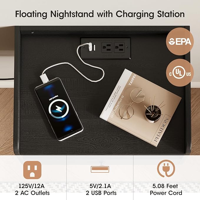 Floating Nightstand Set of 2 Modern Night Stands with Drawer and Open Shelf Cubby Small Bedside End Table with Charging Station Wall Mounted Nightstands Set 2 for Bedroom Black