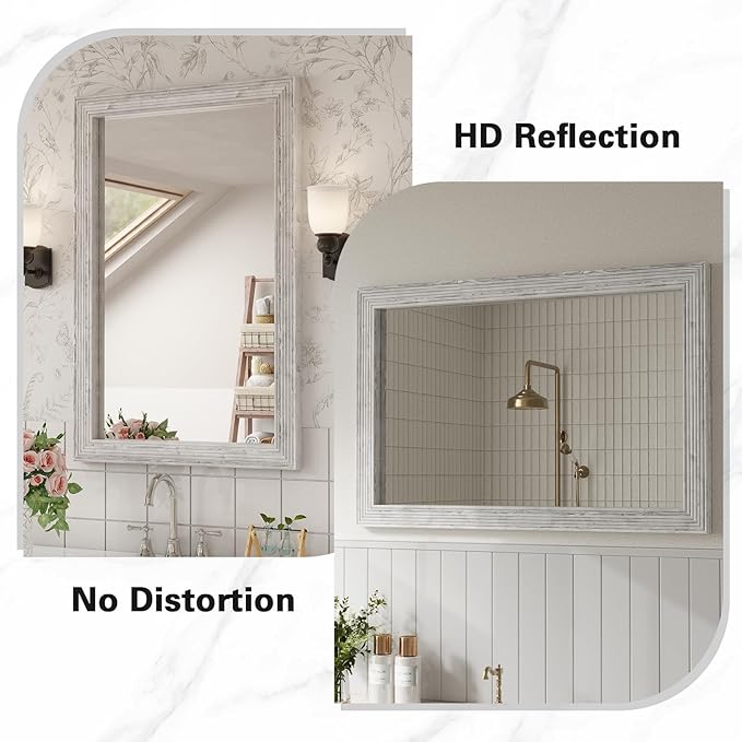 ULIKE Rustic Mirror for Bathroom, Farmhouse Mirror with Wood Frame, 24x36 Inch White Vanity Mirrors for Wall Decor of Bedroom or Living Room, Vertical or Horizontal Hanging, Rectangle