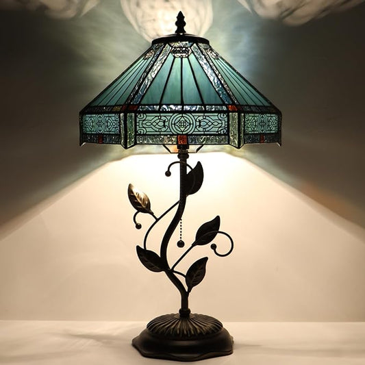 Tiffany Table Lamp, Stained Glass Desk Light, W12H19 Inch, Metal Leaf Base (Mission Style)