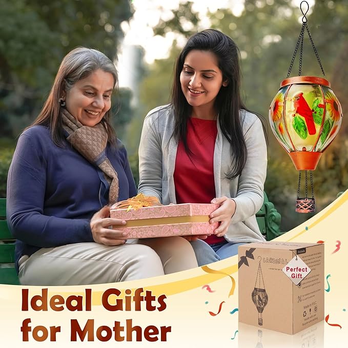 Solar Hot Air Balloon Lantern with Flame， Cardinal Glass Solar Hanging Lights Outdoor Yard Patio Farmhouse Decoration, Cardinal Gifts for Women Grandma Mom - Cardinal