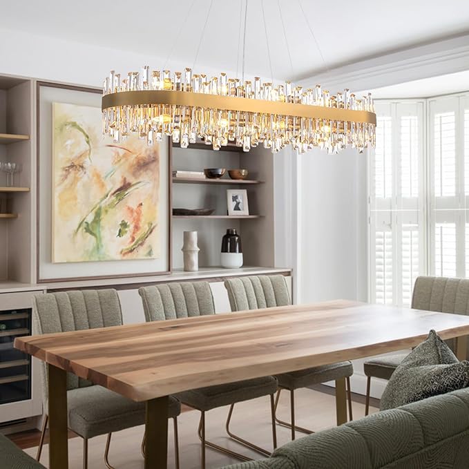 CROSSIO L52'' Modern Crystal Chandelier for Dining Room, 20-Light Gold Rectangular 2-Tiers K9 Crystal Raindrop Chandelier Flush Mount Pendant Ceiling Light for Dining Living Room Kitchen Island