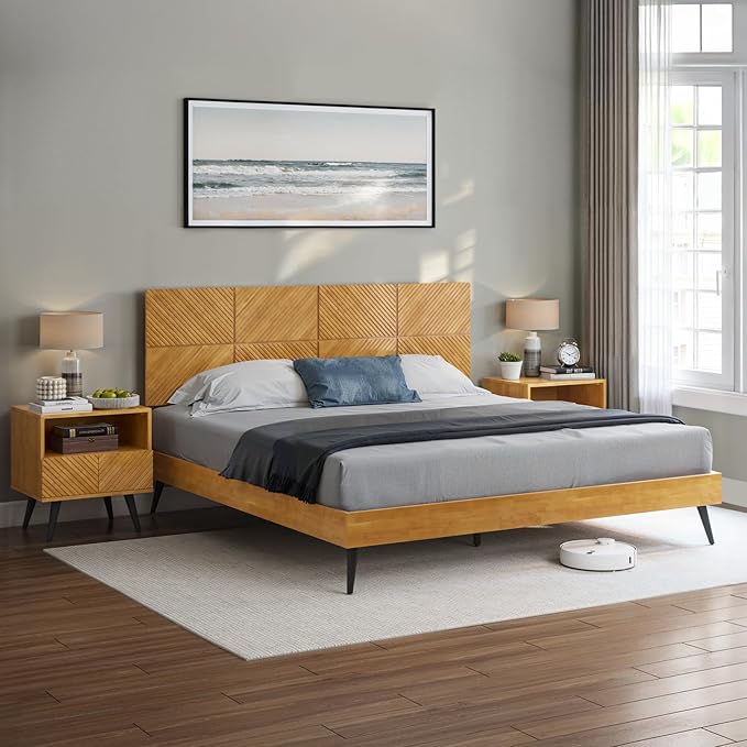 Bme Rhombus King Bed Frame – Solid Rubber Wood with Geometric Rhombus Headboard, Teak Brown Finish, Scandinavian Modern Platform Bed with Sturdy Slats & Metal Legs, No Box Spring Needed