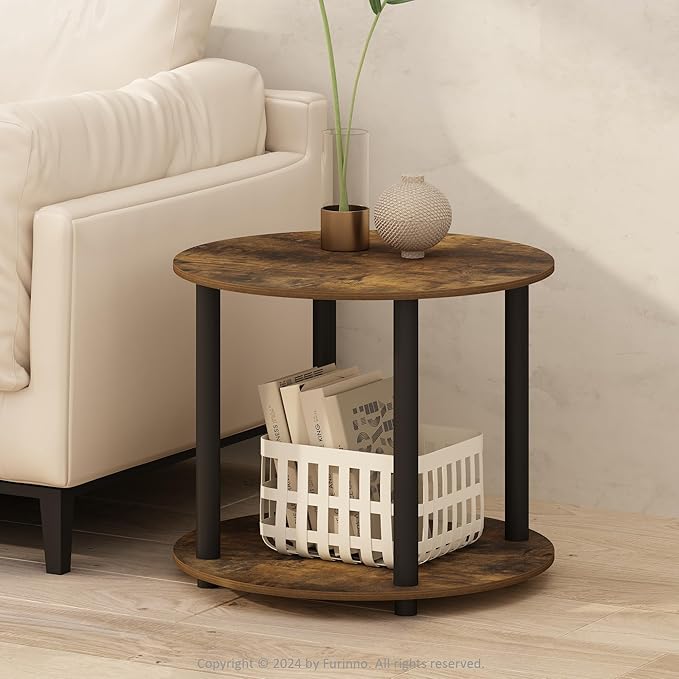 Furinno Turn-N-Tube Side Table, 2-Tier Round End Table with Open Shelf, Night Stand, Bedside Table, Toolless Assembly, for Living Room, Bedroom, Amber Pine