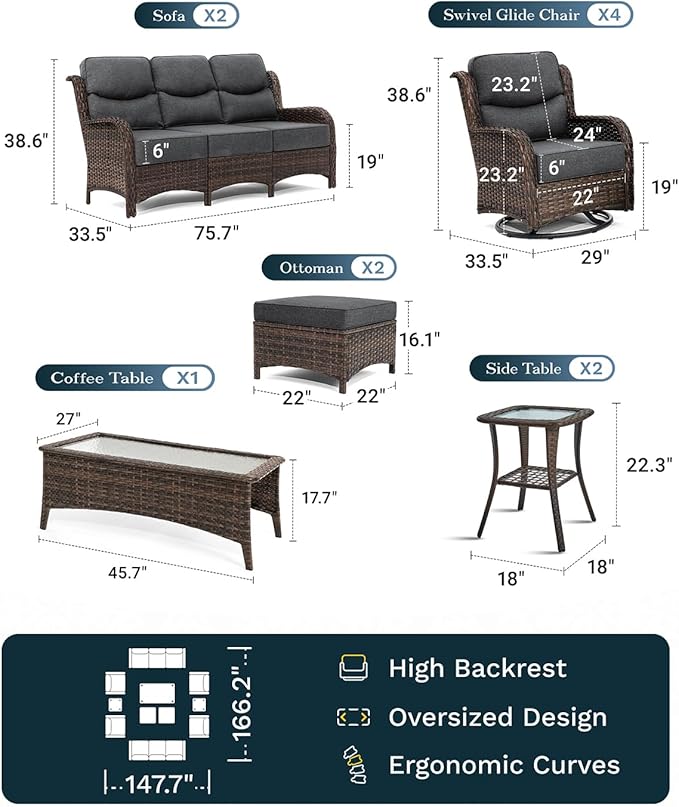 High Back Outdoor Furniture with Extra Thick Cushion Patio Swivel Rocking Chairs, Comfort 3-Seat Sofa, 11PCS Oversized Wicker Conversation Set for Porch, Deck, Yard in Dark Gray