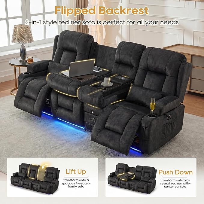 IPKIG Power Recliner Sofa with Flip-Up Backrest Console, USB & USB-C Ports, AC Outlet, LED Lights, Wall Hugger Recliners for Living Room, RV (Drak Grey, 89" - 4 Seat) | Velvet Fabirc, Zero Gravity, Dual Reclining, 2 Lumabr Pillow, Bluetooth Speakers