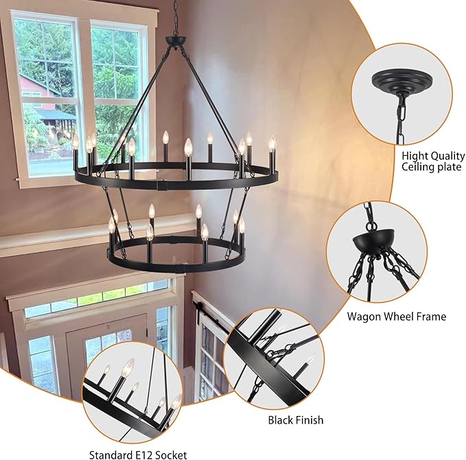 20-Light 2 Tier Black Wagon Wheel Chandelier, 38.19" Large Chandeliers for High Ceilings, Farmhouse Chandeliers for Dinning Room Living Room Kitchen Island Foyer