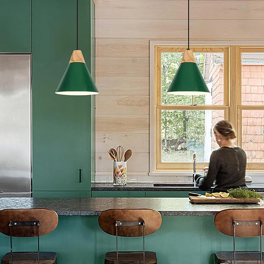 Farmhouse Pendant Light, 9.4inch, 2 Packs- Green Industrial Kitchen Pendant Lights, Pendant Lights Kitchen Island, Pendant Light for Bedroom, Office, Kichen Sink, Library