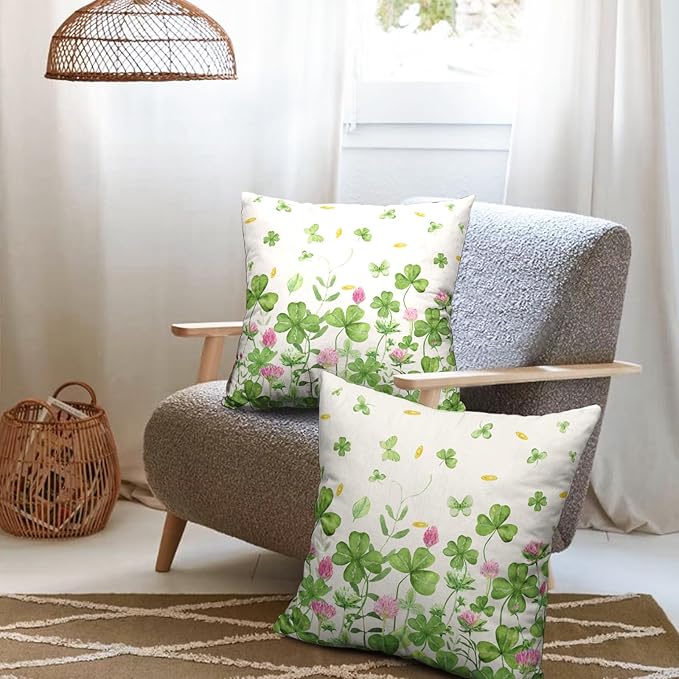 Green Shamrock St Patricks Day Pillow Covers 22x22 Set of 2 Watercolor Lucky Clovers Floral Pillow Cover Spring St. Patrick's Day Outdoor Decorative Pillow Case for Home Couch Sofa