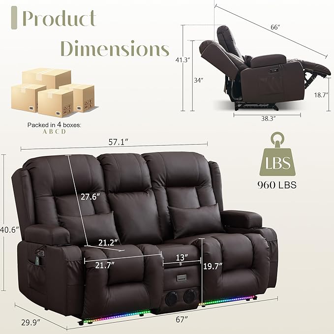 TUNYI Power Loveseat Recliner Sofa, Faux Leather Reclining Sofa with Console RV Reclining Loveseat Couch with USB/Outlet/Storage/Side Pocket/LED Light/Speaker (Brown, Loveseat)