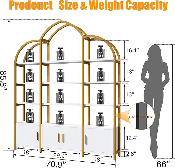 Tall Arched Bookshelf and Bookcase with 3 Cabinets, Triple Wide 5 Tier Industrial Etagere Open Bookshelf, Wood Book Shelf for Bedroom Living Room (Gold and White)