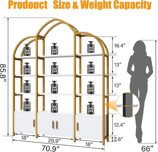 Tall Arched Bookshelf and Bookcase with 3 Cabinets, Triple Wide 5 Tier Industrial Etagere Open Bookshelf, Wood Book Shelf for Bedroom Living Room (Gold and White)