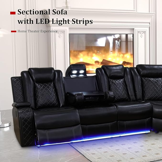 Power Recliner Sofa Set with LED, Breathing Leather Sectional Couch for Living Room, Living Room Furniture Set L Shaped Reclining Couch and Chair with Cup Holders&Storage (Black)
