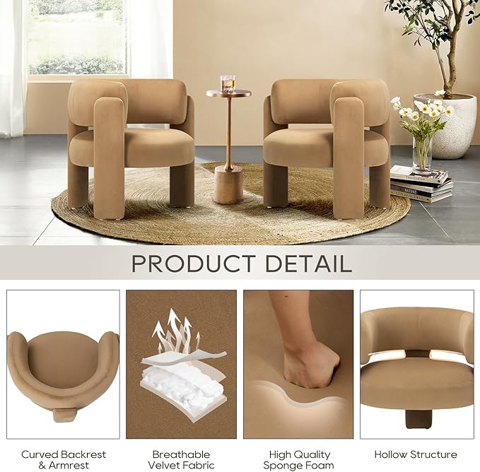 COLAMY Modern Accent Chair, Velvet Accent Chairs, Upholstered Barrel Chairs with Solid Wood Legs, Comfy Side Chair for Living Room, Bedroom, Reading, Cozy Reading Chair,Khaki