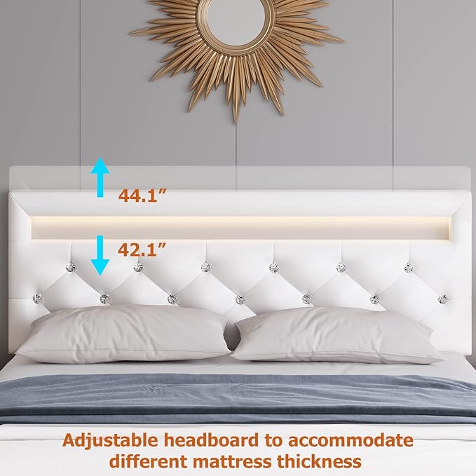 Keyluv Modern Upholstered Queen Bed Frame with LED Lights, Faux Leather Low Profile Platform Bed Frame, Adjustable Crystal Button Tufted Headboard, Strong Wood Slat Support, Easy Assembly, White