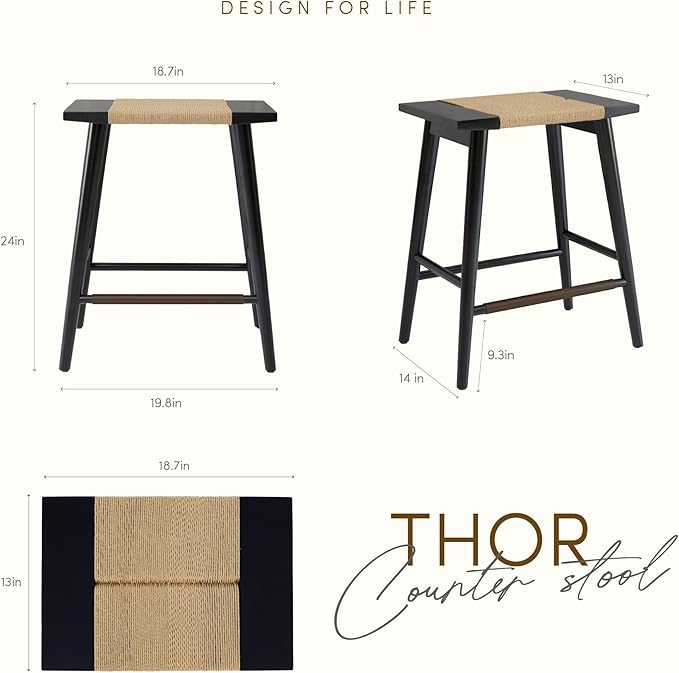 Thor Wicker Premium Solid Wood Counter Stool 24", Set of 2, Backless Counter Height Seating with Hand-Knitted Rope, Eco-Friendly Modern Design (Midnight Charcoal)