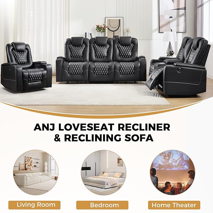 ANJ 3PCS Power Recliner Sofa Set with 1 Recliner, 2 Seater Loveseat and 3 Seater Sofa, Electric Reclining PU Leather Living Room Furniture with USB Ports, Cup Holders and Hidden Arm Storage, Black
