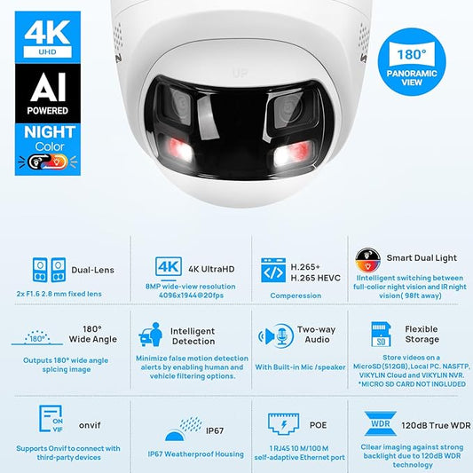 VIKYLIN 8MP 4K Dual Lens Poe IP Security Camera with 180° Panoramic Wide Angle,Smart Hybrid Light, Human/Vehicle Detection, Strobe Light&Audible Warn,2-Way Audio, 512 GB SD Card Slot,IP67 (2mm Lens)