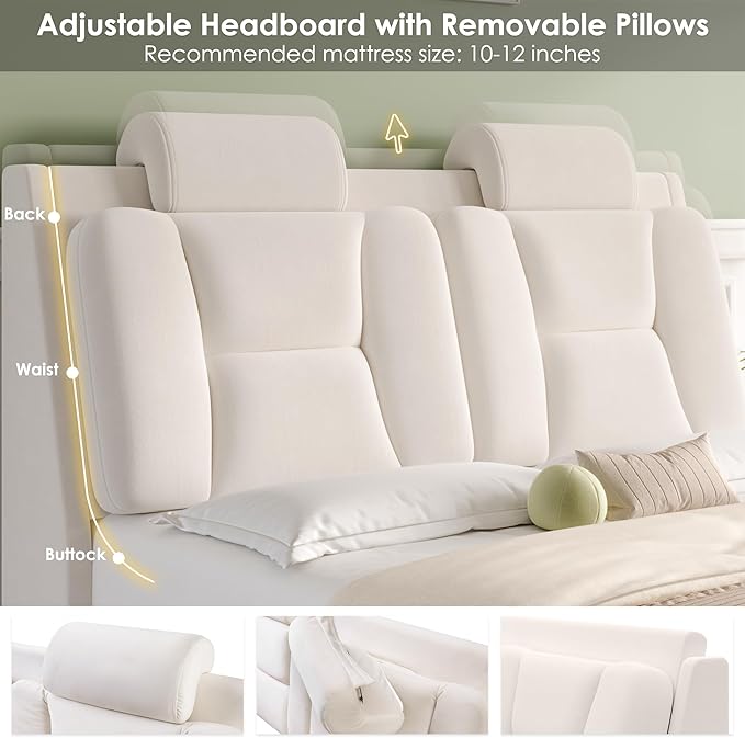 Keyluv Full Led Car Bed Frame with Wheels Decor & Adjustable Curved Headboard Modern Upholstered Platform Bed with Detachable Pillows Solid Wooden Slats Support No Box Spring Needed, Velvet Beige