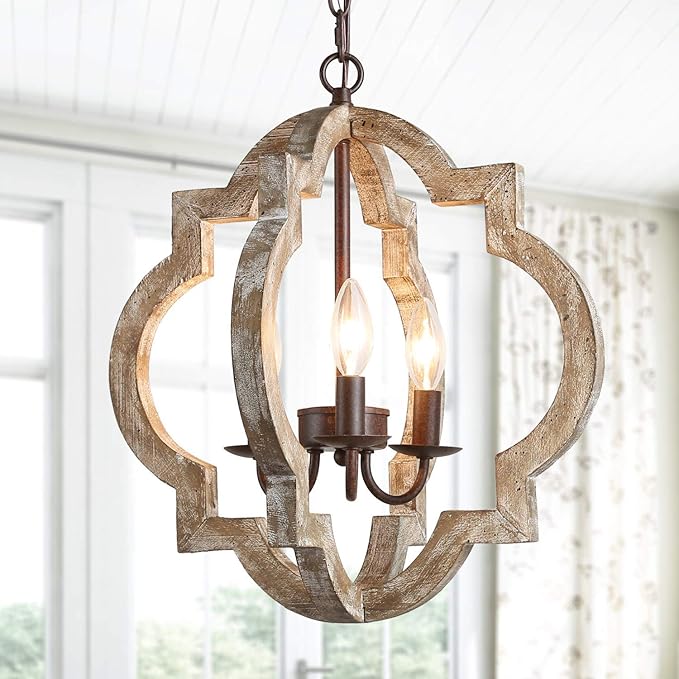 KSANA Farmhouse Orb Chandelier, Handmade Wood Light Fixture for Dining & Living Room, Foyer, Bedroom, Kitchen Island and Entryway