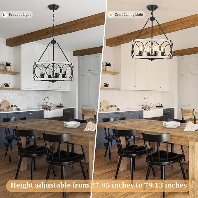 Farmhouse Chandelier for Dining Room 4 Light, 17.71" Round Farmhouse Light Fixture, Rustic Kitchen Lighting Fixtures Hanging Drum Chandeliers for Entryway Foyer Bedroom-Black & White Oak