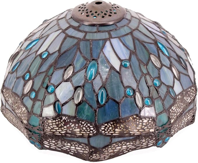 WERFACTORY Tiffany Lamp Shade Replacement 12X6 Inch Sea Blue Stained Glass Dragonfly Style Lampshade Only with Cap fit for Table lamp Pendant Light Ceiling Fixture (Part Not Included) S147 Series