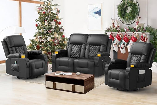 FURNIMAT Loveseat Recliner Sofa Set with 2+1+1 Pieces in Living Room, 2 Seater Reclining Loveseat Leather, 2 Recliner Chairs with 360 Degree Swivel Single Sofa Seat