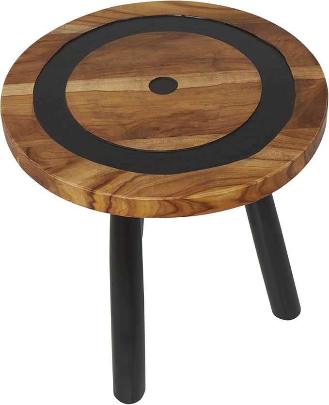 Deco 79 Teak Wood Geometric Side End Accent Table Layered Circle End Table with Black Legs, Side Table 20" x 20" x 22", Brown