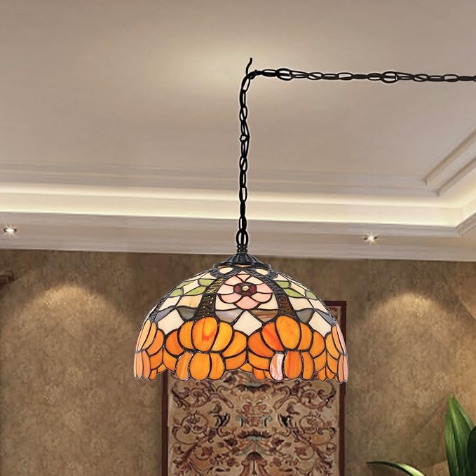 Tiffany Pendant Light Plug in 12 Inch Orange Flower Stained Glass Hanging Lamp with Chain 33 Inch, Cord 15 Feet