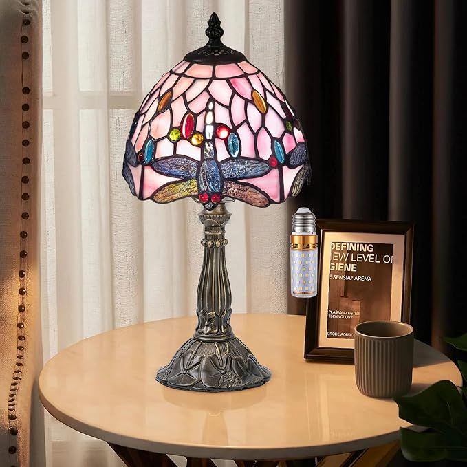 Tiffany Table Lamp,3 Color-Temperature Dragonfly Stained Glass Lamp,8 Inch Tiffany Style Lamp for Bedroom Living Room Home, Handcrafted Light, Included Bulb (Pink)