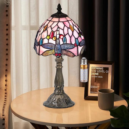 Tiffany Table Lamp,3 Color-Temperature Dragonfly Stained Glass Lamp,8 Inch Tiffany Style Lamp for Bedroom Living Room Home, Handcrafted Light, Included Bulb (Pink)