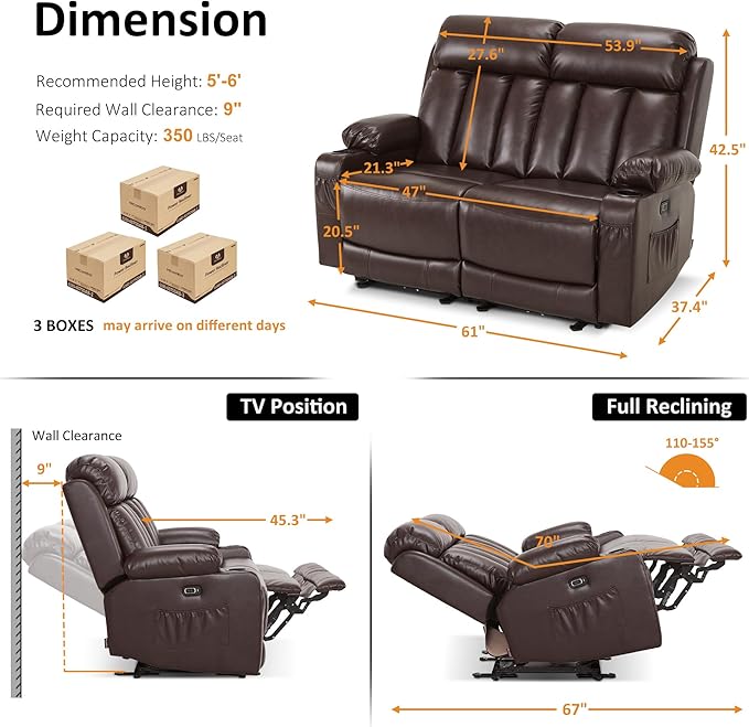 MCombo Zero Gravity Loveseat Recliner with Heat and Massage, Power Reclining Sofa for Living Room, Faux Leather 6075 (Dark Brown, Loveseat Recliner)