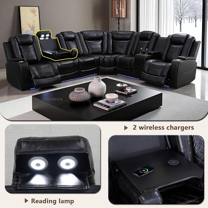 Power Reclining Sectional Sofa Set with LED Light, Leather Sectional Couches, Living Room Furniture Sets, Modern Power Recliner Sofa Sets with 3 Recliner Seater, Couches for Living Room