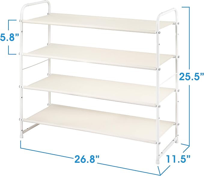 Simple Trending 4 Tier Stackable Shoe Rack, Expandable & Adjustable Fabric Shoe Shelf Storage Organizer, White