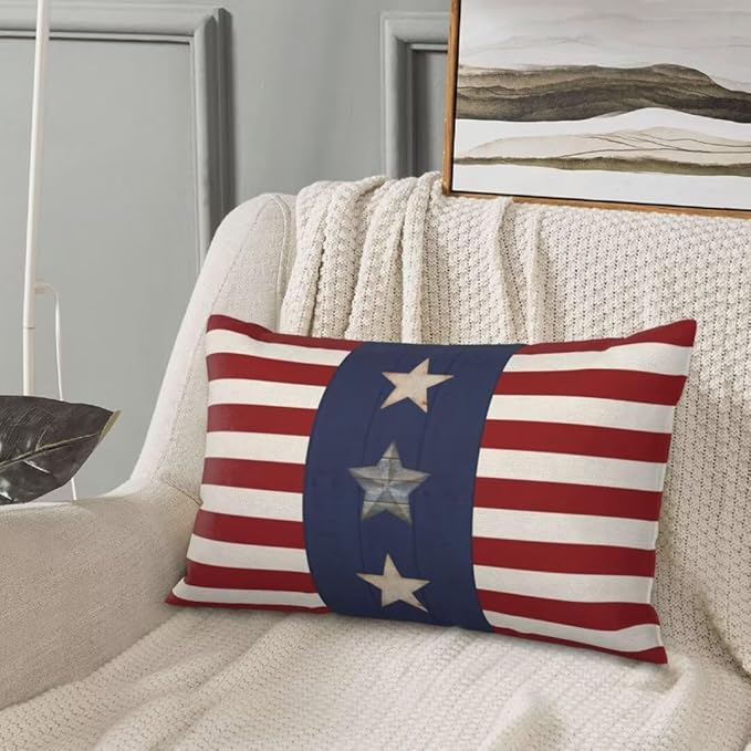 BETGINY 4th of July Pillow Covers 12x20 Set of 2, American Flag Stars and Stripes Freedom Throw Pillow Covers Linen Farmhouse Liberty Patriotic Independence Day for Couch Sofa Home Outdoor Decor