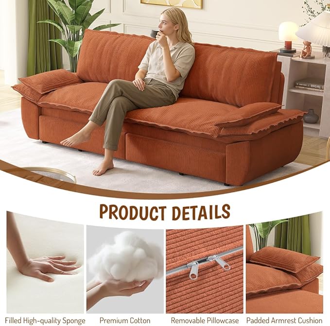 KEIKI 73.2" Pull Out Sleeper Sofa Bed Queen Size, 3-in-1 Convertible Couch with Soft Cushion Armrests, Durable Corduroy Loveseat Sofa for Family Living Room Kids Friendly Lounge Couch